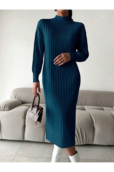 Sea Style Yarım Balıkçı Yaka Fit Kesim Uzun Triko Elbise