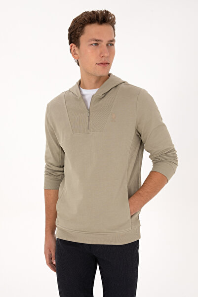 U.S. Polo Assn. Erkek Regular Fit Yarım Fermuarlı Kapüşonlu Açık Haki Sweatsh...