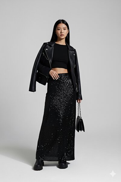 Mellyn Store Pul Payet Siyah Uzun Etek