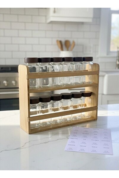 Kitchen Life 13 Piece Glass Spice Jar Set with Wooden Stand and Acacia Lid 120 ml 12 Pieces + 1 Spice Jar Set