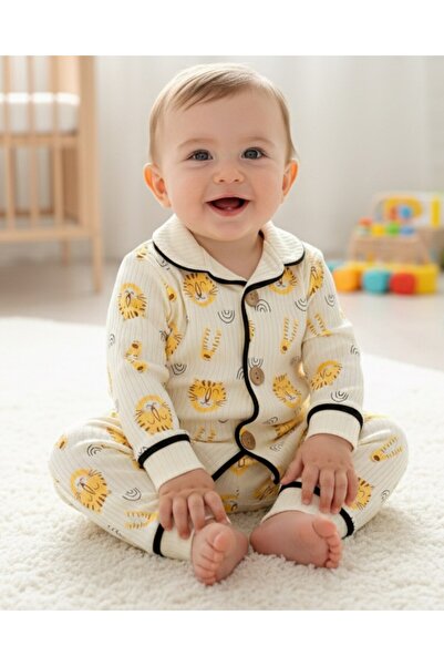 VOY KİDS Baby Boy Printed 6-9-12-18-24 Months Transitional Corded Fabric Double-Breasted Collared Nightgown Pajama Set