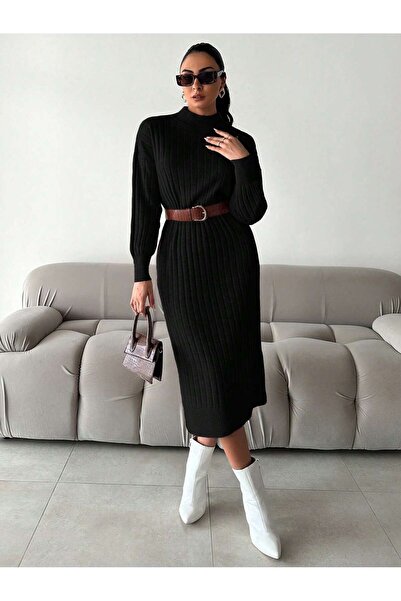 Sea Style Μακρύ πλεκτό φόρεμα με μισό ζιβάγκο και εφαρμοστή γραμμή