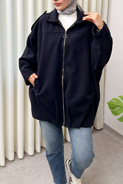 Salih Çelebi Zippered Oversized Cashmere Coat 0037 - Dark Blue