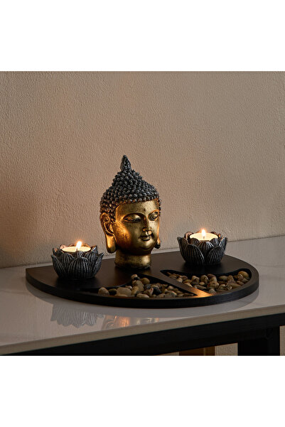 Home Box تمثال بوذا أوروم-ديفاين-جلاسيير من البولي راتنج مع حامل خشبي من مادة...