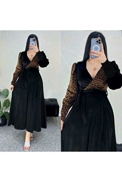 CİXAPLE فستان مخملي بياقة على شكل حرف V وقطعة واحدة بنقشة الفهد