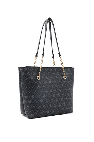 SHAKA Monogram Printed Black Shk256 Faux Leather Zippered Single Compartment Chain Strap Hand, Arm and Shoulder Bag