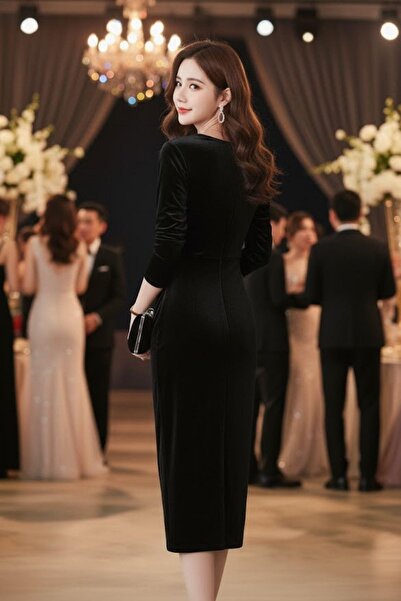 Mossta Double-Breasted Collar Gathered Midi Velvet Dress - Black