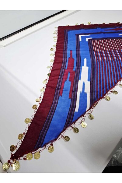 ASYA PAZARLAMA Black Sea Lira Burgundy Blue Writing, Triangle Writing, Cheesecloth, Keşan, Scarf, Shawl, Headband, Triangle Bandana