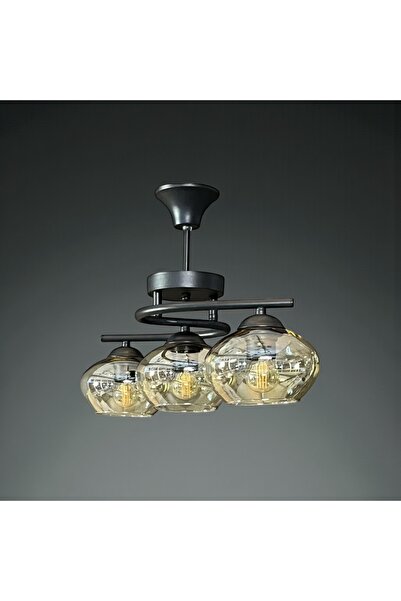 KUZENLER Modern 3’lü Siyah Gövde Oval Bal Cam Avize – Şık ve Dekoratif Tasarım