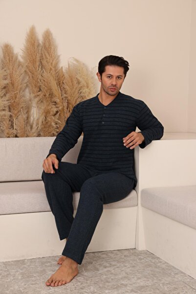 Kompedan Erkek Selanik Önü Patlı Pamuklu Pijama Takımı | Petrol Mavisi 627