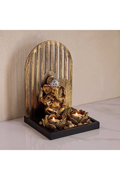 Home Box تمثال غانيشا من مادة البولي راتنج Aurum-Divine-Glacier مع صينية إضاء...