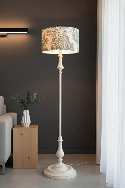 APCASADECOR Vintage Yeşil Tole de Jouy Bej Metal Ayak Lambader