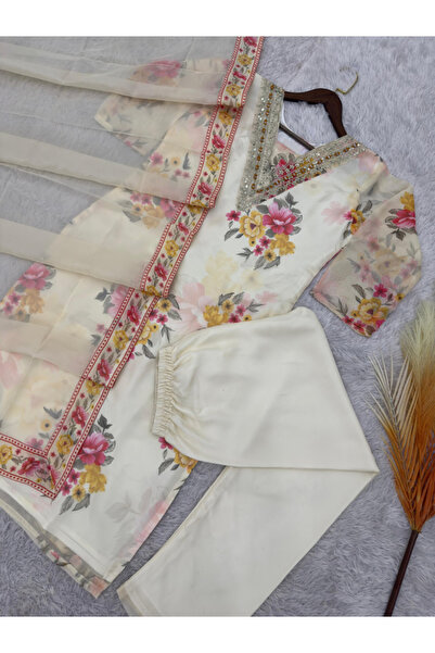 MYSMAR Skin Kundan Organza Salwar Kameez & Dupatta - HRT1899 | Skin