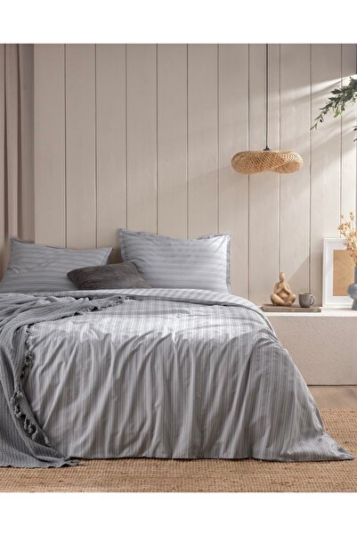 Madame Coco Atlas Home Melicia Double Cotton Striped Satin Duvet Cover Set - Gray