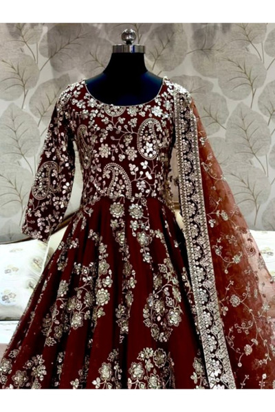 MYSMAR Maroon Chinon Silk Salwar Kameez & Dupatta - FFT19162 | Maroon