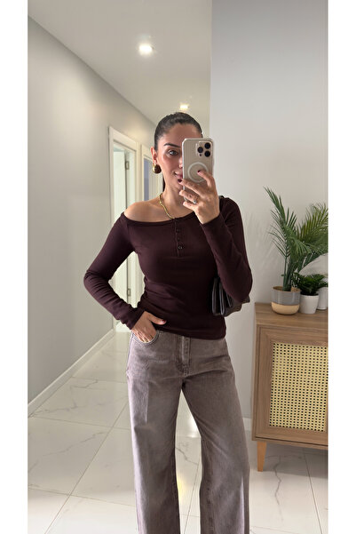 BİRCANÇİL Potica Brown Boat Neck Buttoned Blouse