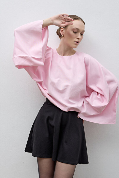 LADYA COLLECTION بلوزة لينا واسعة الأكمام من الكتان الوردي