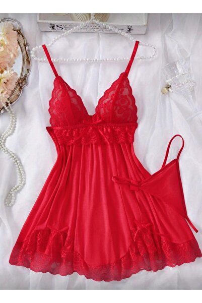 Oprah Kırmızı Dantel Detaylı Saten Gecelik Takımı