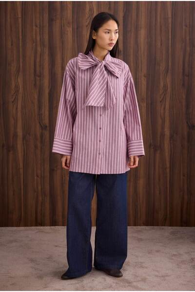 HEQA Bow Detailed Shirt Burgundy Stripe