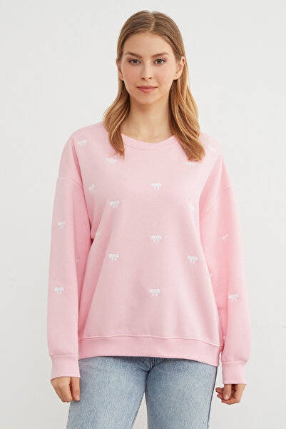Fulla Moda 3 Thread Bow Embroidered Oversize Sweatshirt