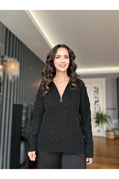 Atelier Derin Pulover tricotat cu împletitură de păr cu fermoar negru