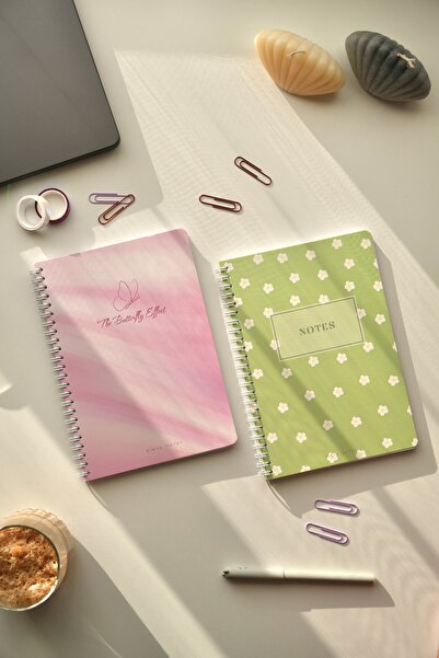 Mirya Notes A5 Spiralli Okul Defteri Çizgili 2’li Set 80 Yaprak Papatya-Kelebek