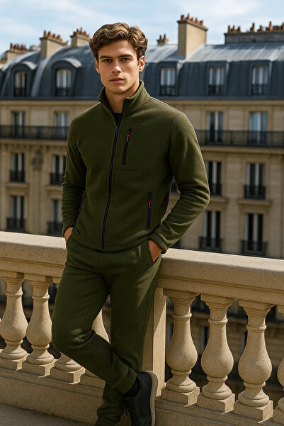 COMBİNE MİCHAİL Men's Zippered Casual Khaki 3-Piece Sweatshirt