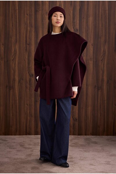 HEQA Palton cu guler șal cu curea Burgundy