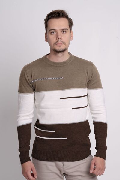 F&K Трицветен мъжки плетен пуловер с велосипедна яка