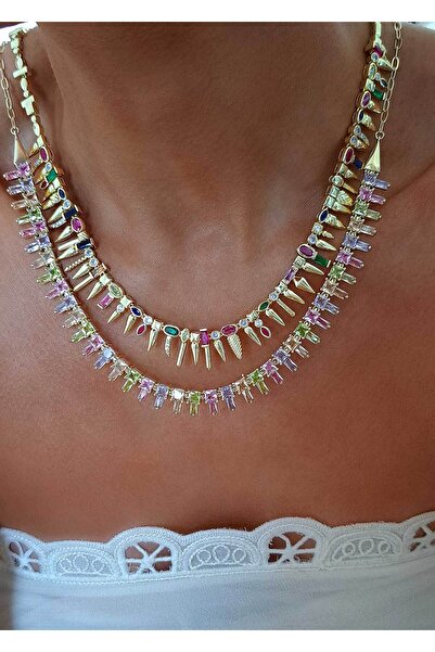 Norevia Premium Altın Kaplama Renkli Taş Detaylı Kolye