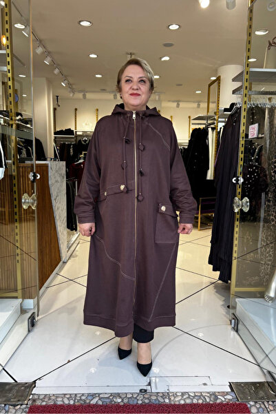 selma Büyük Beden Önden Fermuarlı Kapüşonlu Örme Kupra Kap