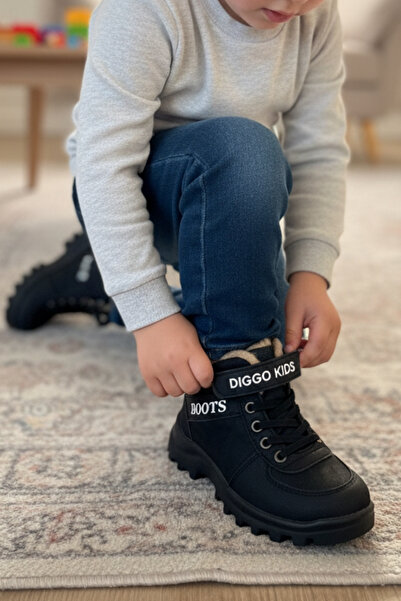 DİGGO KİDS Boy's Black Winter Fur Boots Waterproof, Thick Sole, Comfortable Casual Shoes
