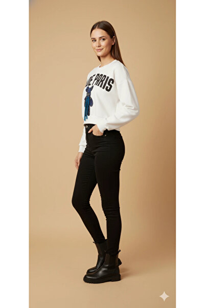 cemo Women's Bear Figured Crop Sweat Sequined Teddy Bear Drawstring Detailed Lettering Round Neck Short Swat