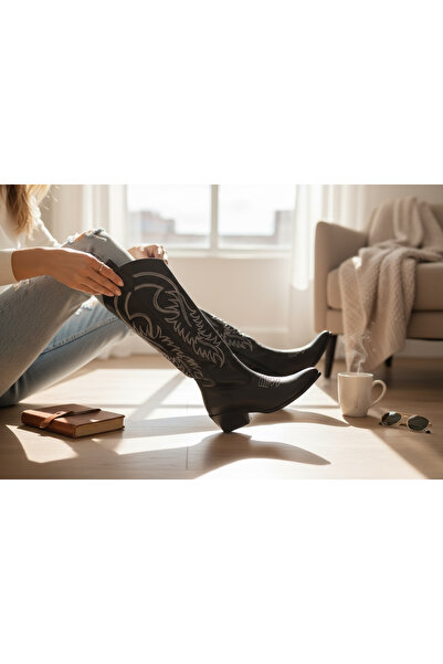 Zen Kadın Desenli Western Yarım Fermuarlı Çizme