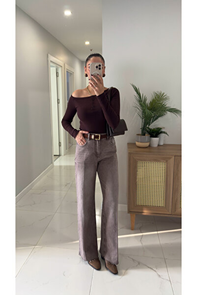 BİRCANÇİL بنطال جينز واسع الساق من بيستورا بني حافة غير مكتملة