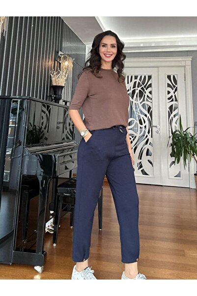 Atelier Derin Navy Blue Stretch Fabric Elastic Waist Buttoned Modal Trousers