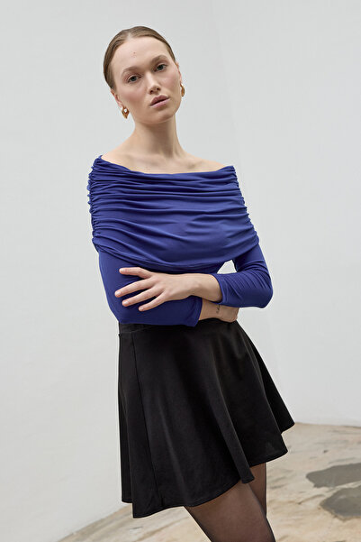 LADYA COLLECTION Lacivert Kayık Yaka Drapeli Uzun Kollu Amaris Bluz