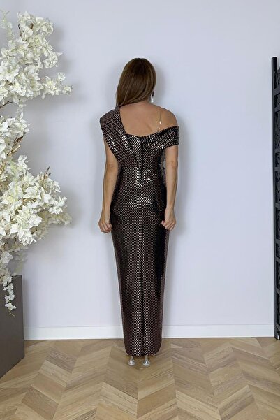 gesmoda G1639 One Shoulder Stone Detailed Evening Dress Bronze