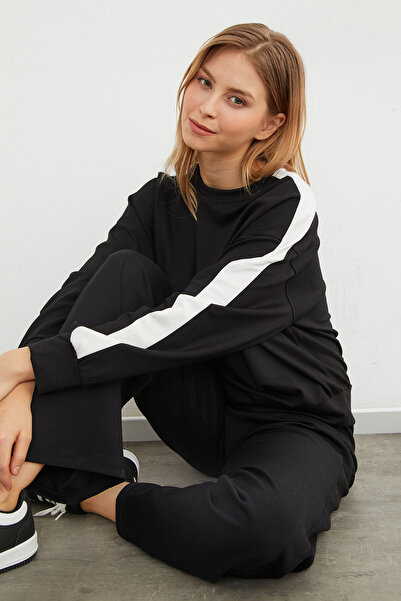 Fulla Moda Crew Neck Modal Sweatshirt with Stripe on the Sleeve