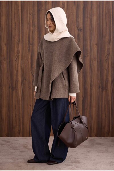 HEQA Palton cu guler șal cu curea maro