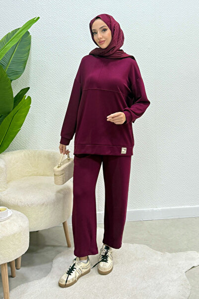 Tesettür Diyarı Σετ Τεσσέττουρ με κουκούλα από ύφασμα Modal - Βουργουνδία