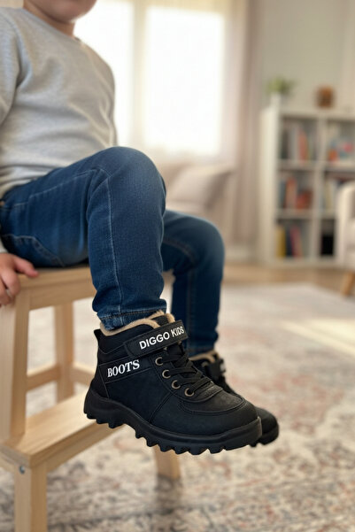 DİGGO KİDS Boy's Black Winter Fur Boots Waterproof, Thick Sole, Comfortable Casual Shoes