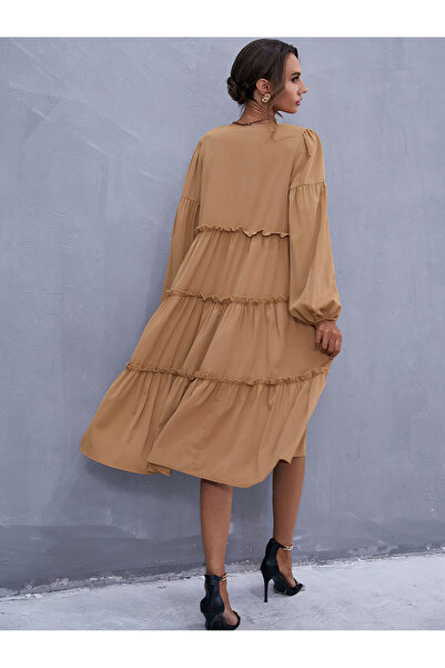FridayIn Casual V-neck Solid color Ruffle Lantern sleeve Mid Dresses