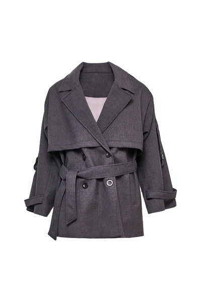 SEPANU COLLECTION Kadın Antrasit Renk Kemerli Kruvaze Yaka Kısa Trençkot