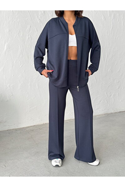 BEJNA Women's Zippered Soft Modal Textured Top and Bottom Set