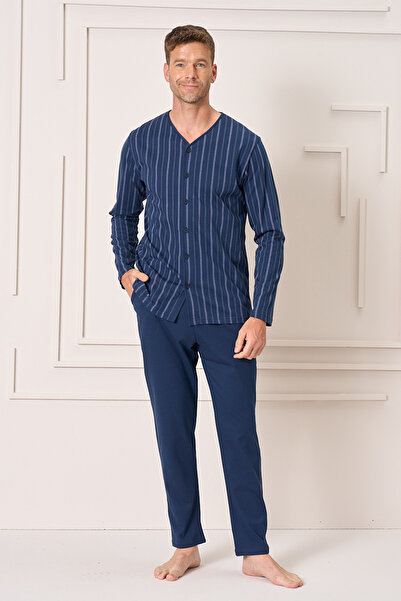 REMSA Ανδρικό σετ πιτζάμες με μακρυμάνικο χτενισμένο βαμβάκι μεγάλου μεγέθους 2144 Navy Blue01