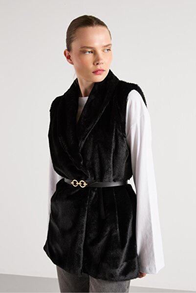 minaaise Women's Black Belted Lined Fur Vest 30094