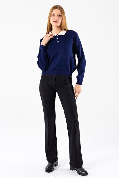 GİYSA Women's Polo Neck Button Detailed Knitwear Sweater Navy Blue - 25K 2546