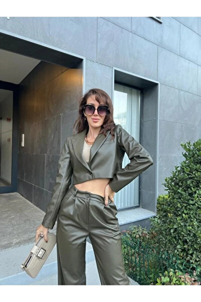 My Blog Khaki Crop Shoulder Pad Layer Leather Jacket