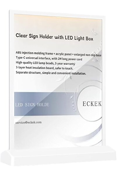 Eckek A4 LED Sign Holder - Transparent T-shaped Table Display, White Frame wi...